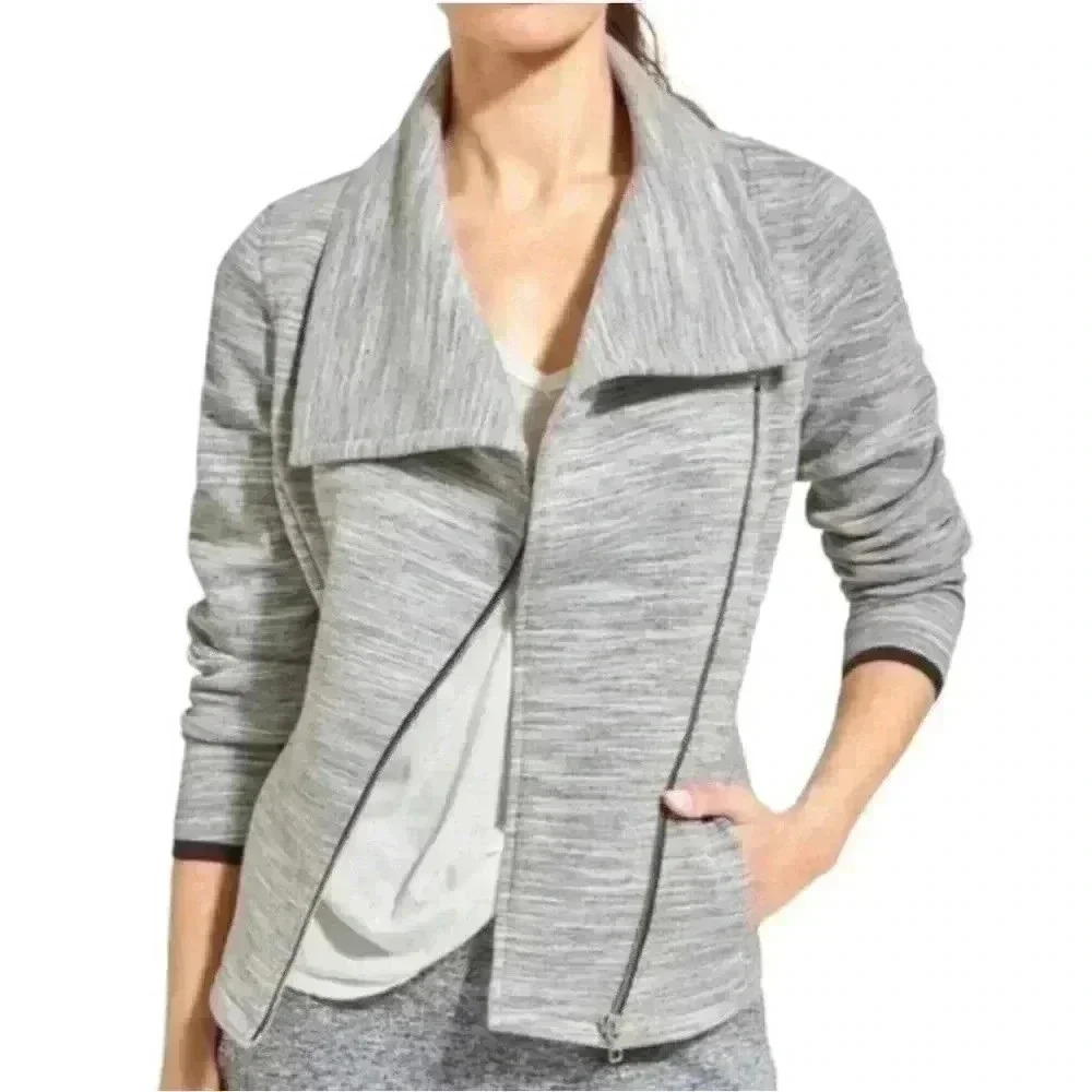 Athleta On The Move Moto Side Zip Asymmetrical Jacket Marbled Gray Sz M